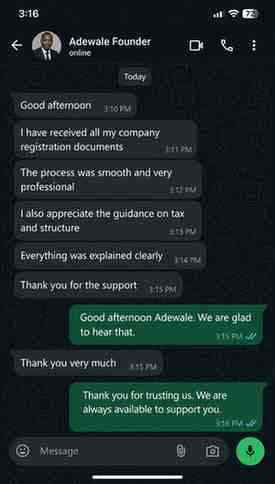 Company registration WhatsApp client review